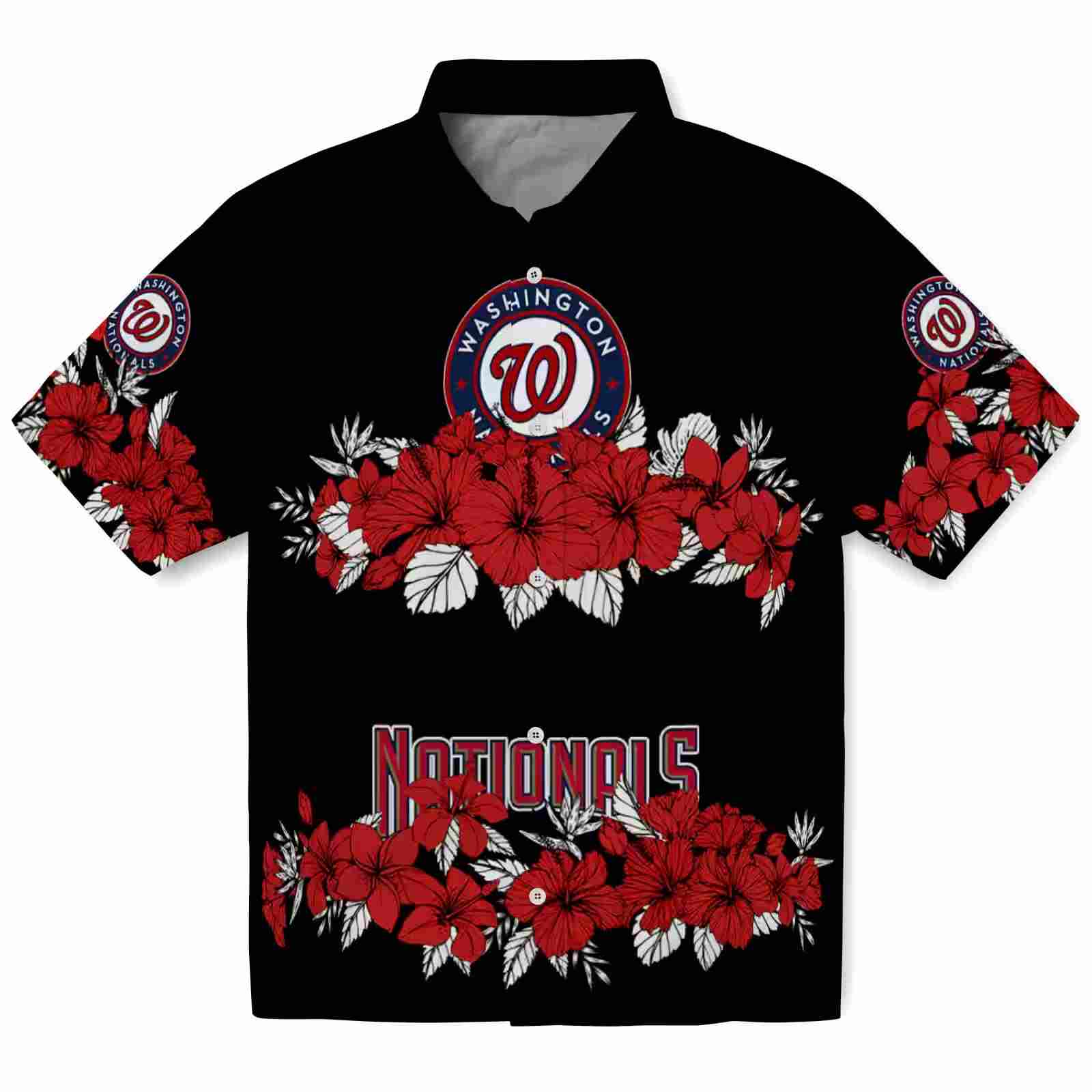 Washington Nationals Hibiscus Stripe Red Black Hawaiian Shirt