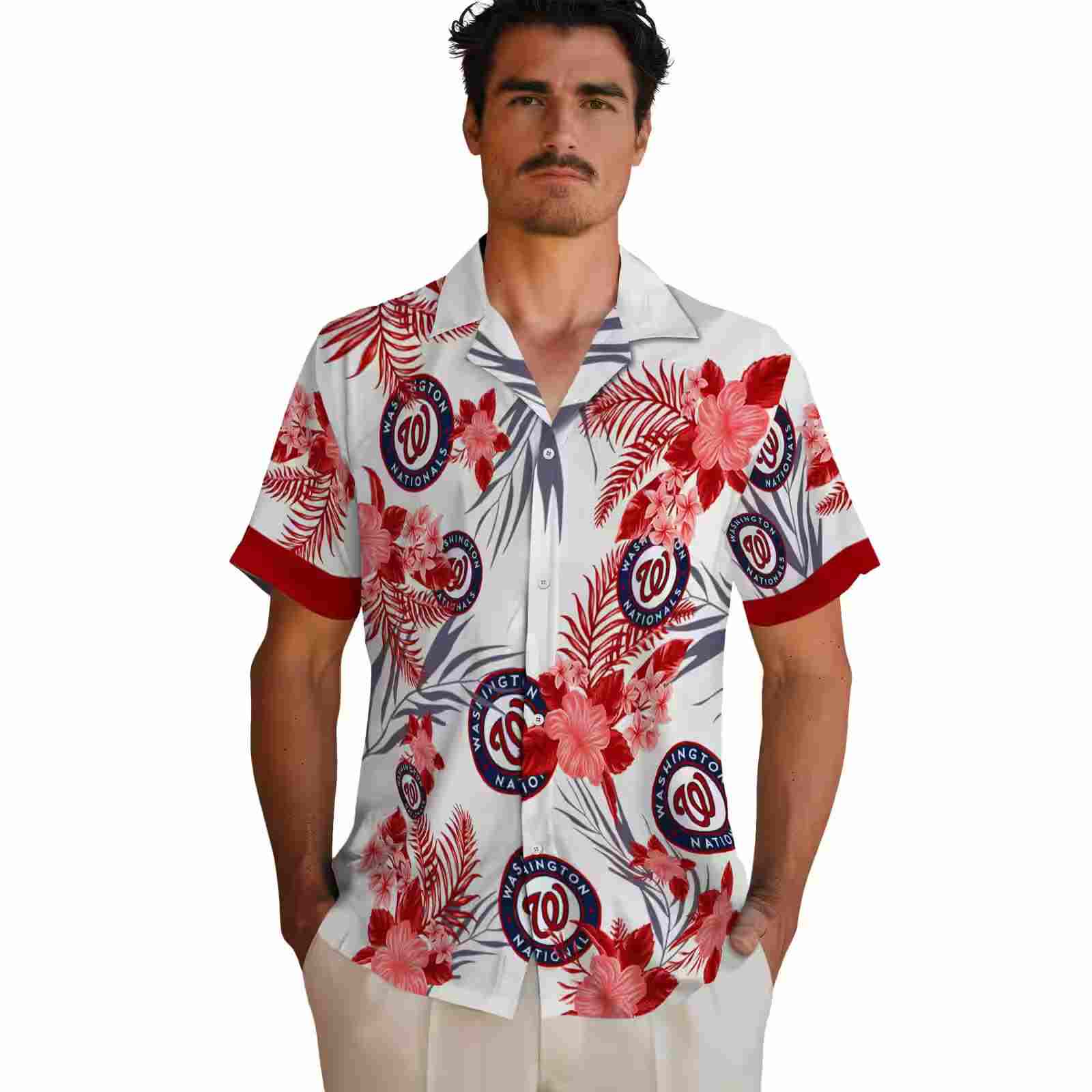 washington nationals patriotic hibiscus design red white hawaiian shirt fashion forward