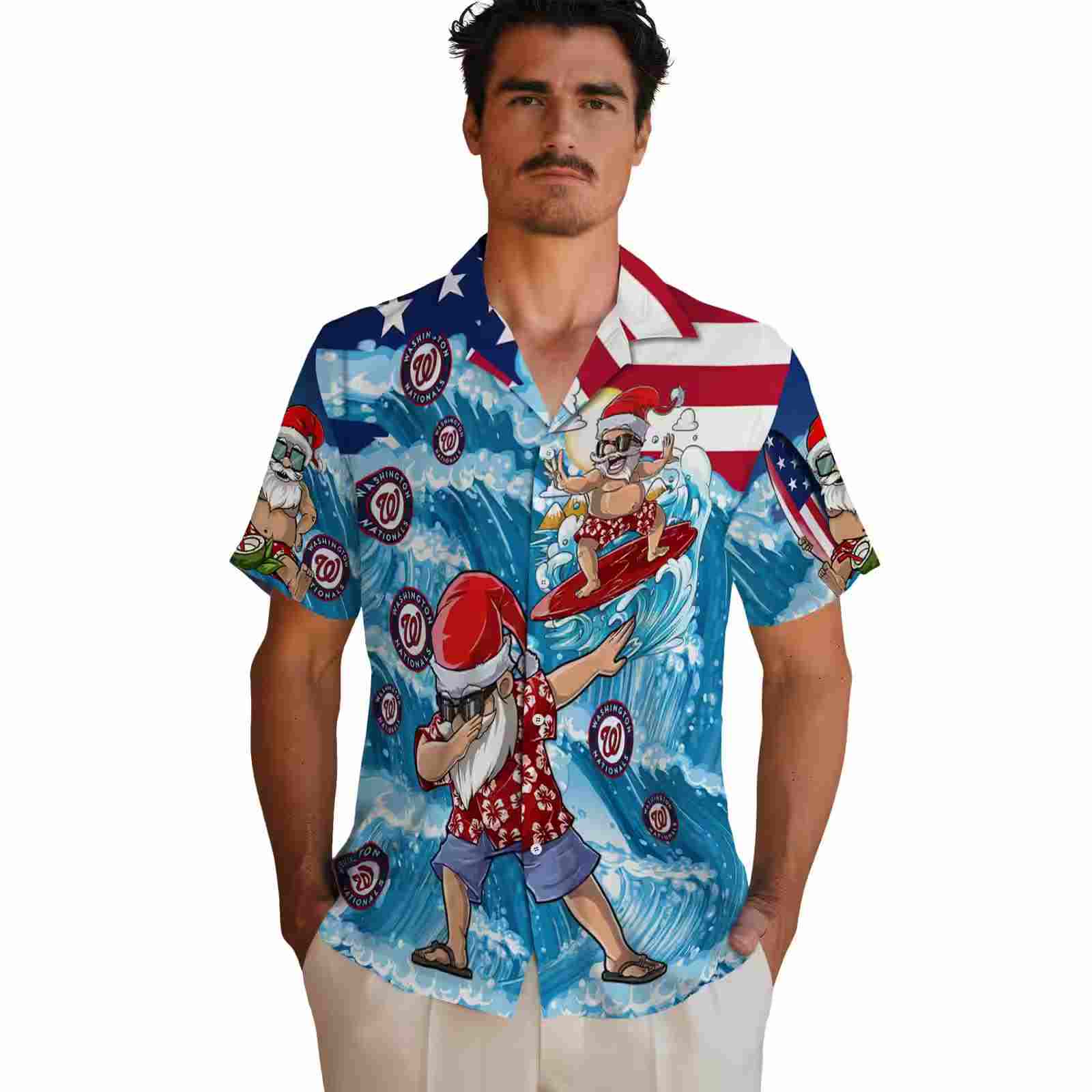 washington nationals surfing santa blue hawaiian shirt fashion forward