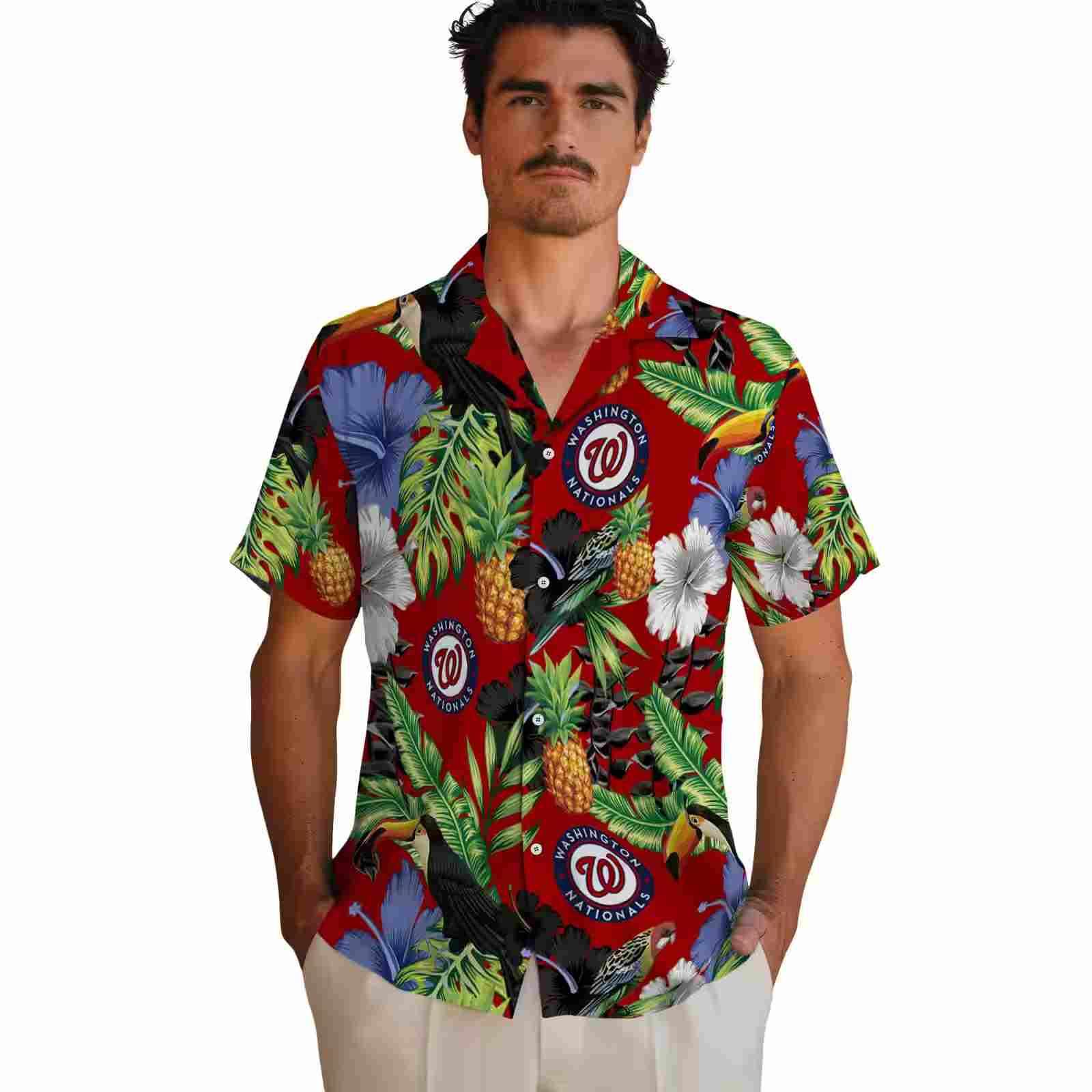 washington nationals toucan hibiscus pineapple red green hawaiian shirt fashion forward