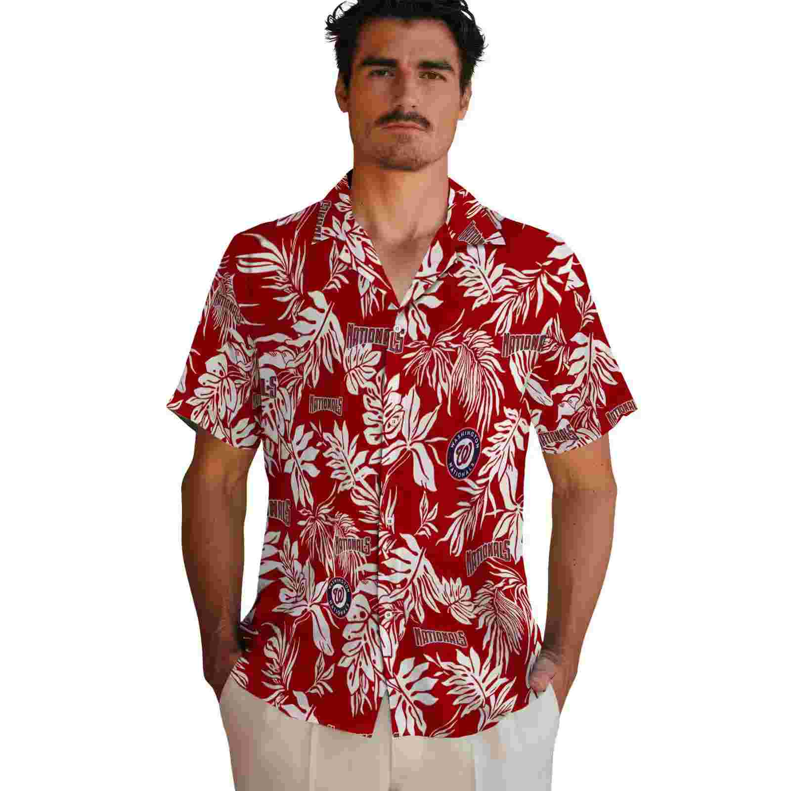 washington nationals tropical leaf red white hawaiian shirt fashion forward