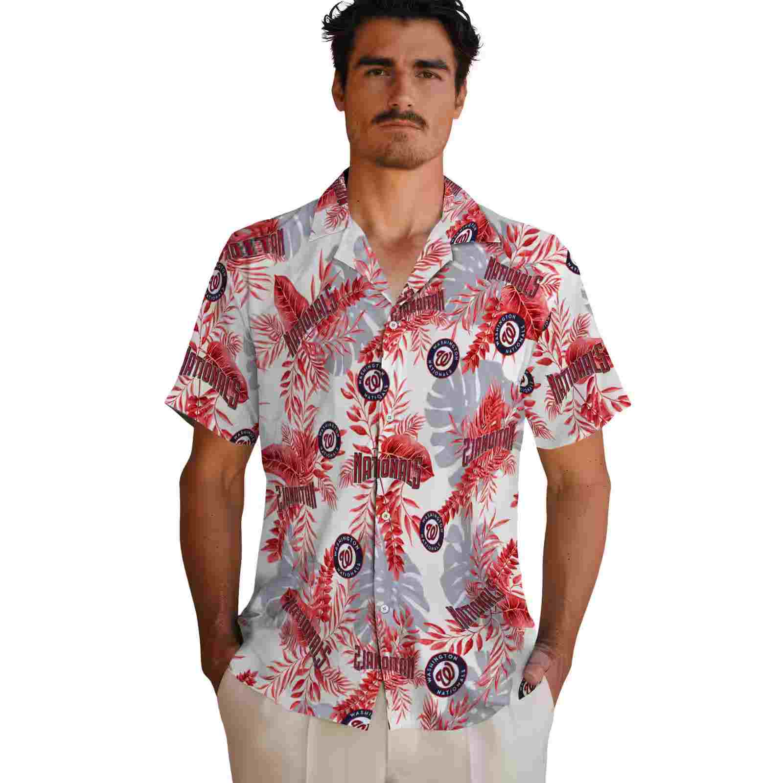 washington nationals tropical leaves red white hawaiian shirt fashion forward