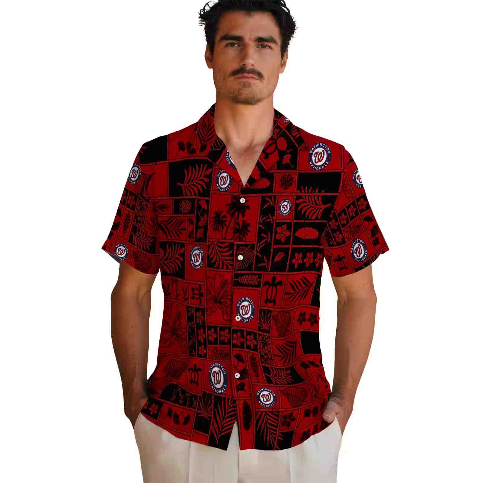 washington nationals tropical patchwork red black hawaiian shirt fashion forward